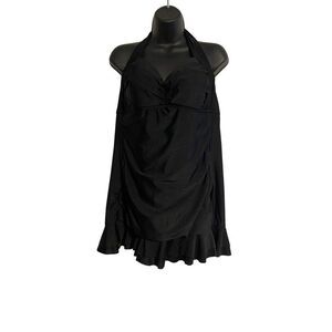 VM Women's 16W Black Halter Swim Dress Ruffle Hem Detail Beach Vacation Summer